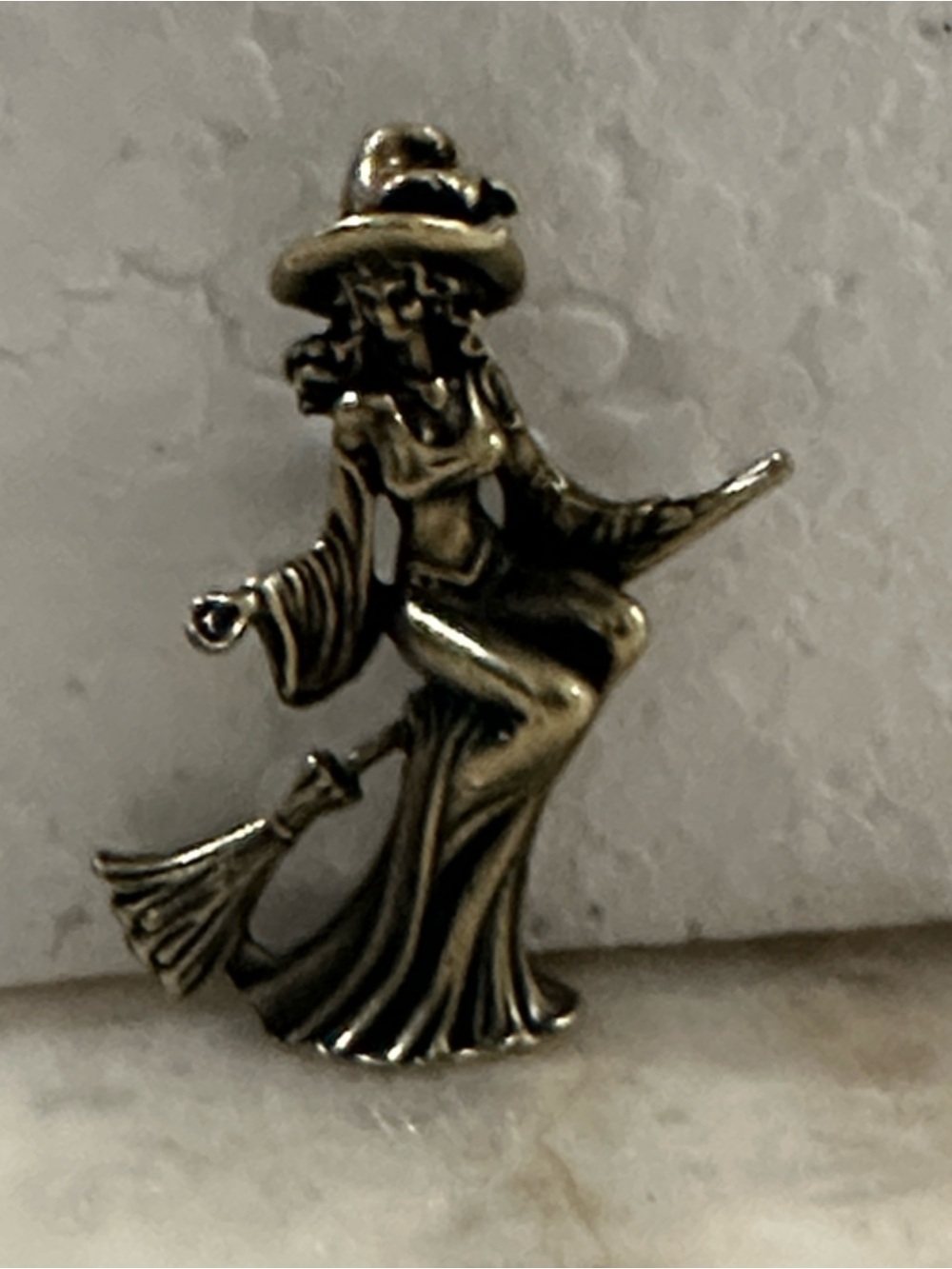 Witch on Broomstick Antique Brass Figurine
